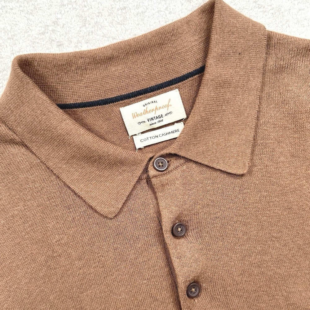 Weatherproof Vintage Cotton Cashmere Polo Sweater Men's Medium Brown Long Sleeve
